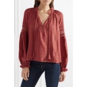 Veronica Beard Coral Red Cotton Peasant Blouse Boho Prairie Tassel Top Sz 6